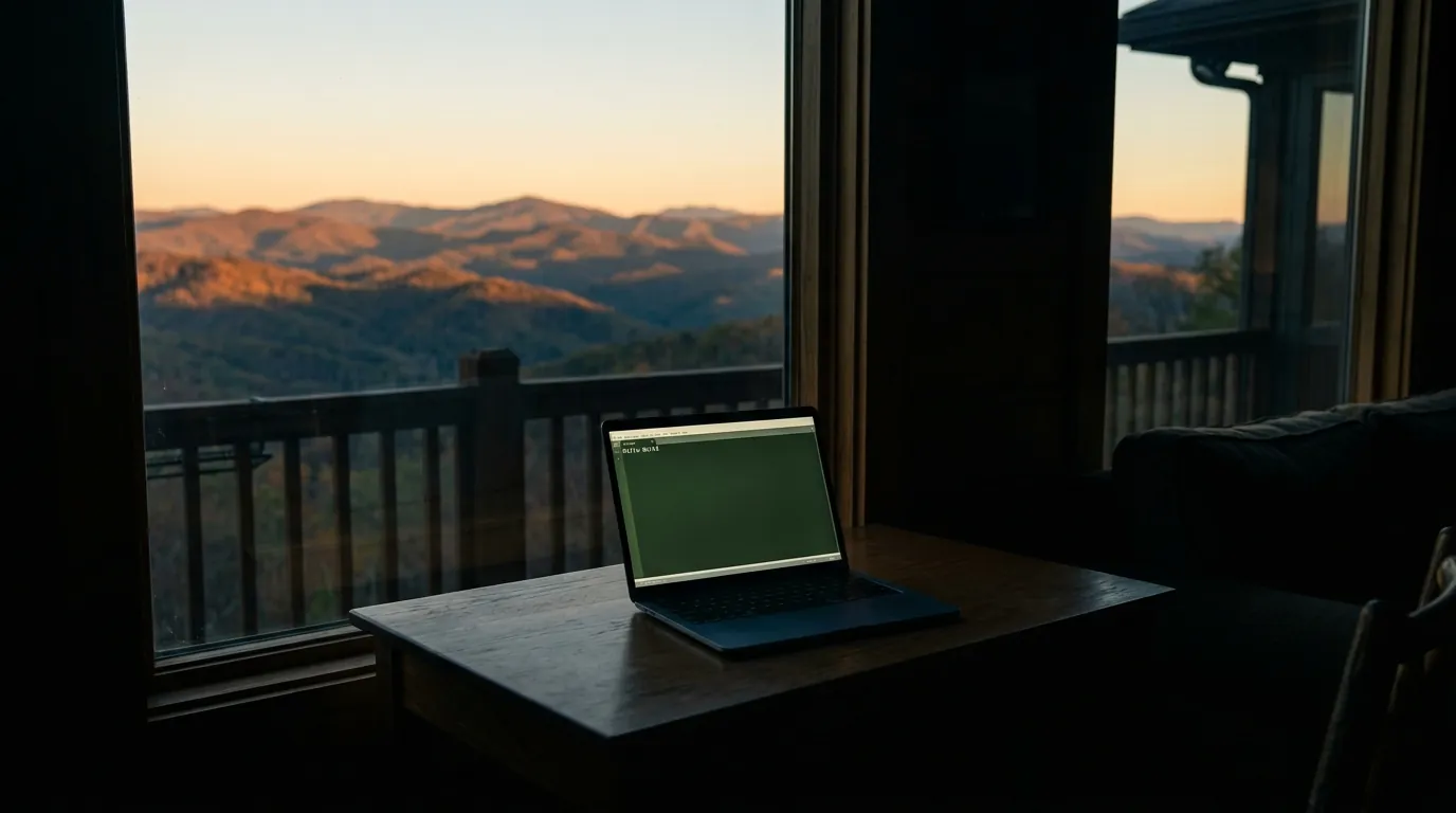 A glowing laptop screen in a dark room displaying green text that reads 'Hello World' inside a generic code editor
