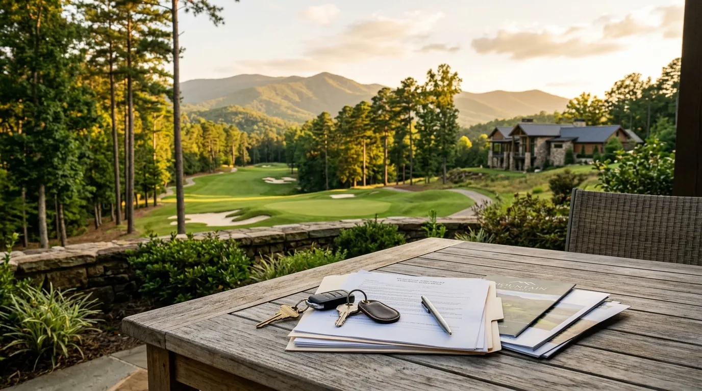 House keys and real estate market documents rest on a patio table overlooking a sunlit golf fairway and a distant modern home