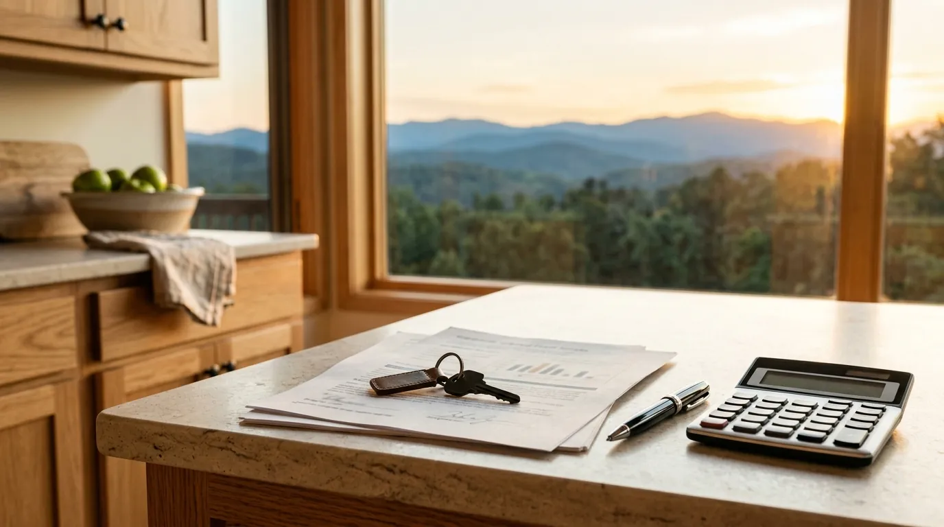A house key resting on real estate documents next to a pen and calculator on a sunlit, staged kitchen counter