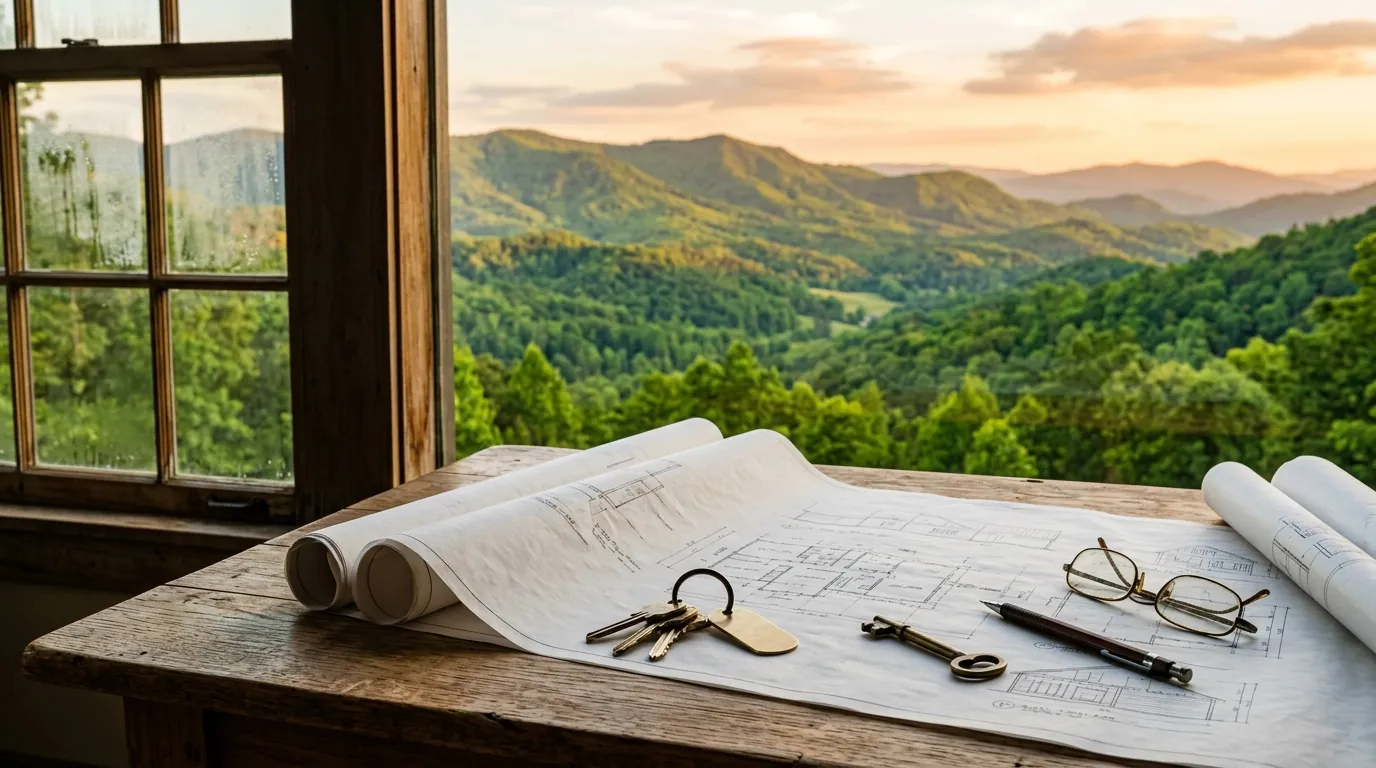 House keys and architectural plans rest on a sunlit wooden table beside a window framing rolling, lush mountain hills