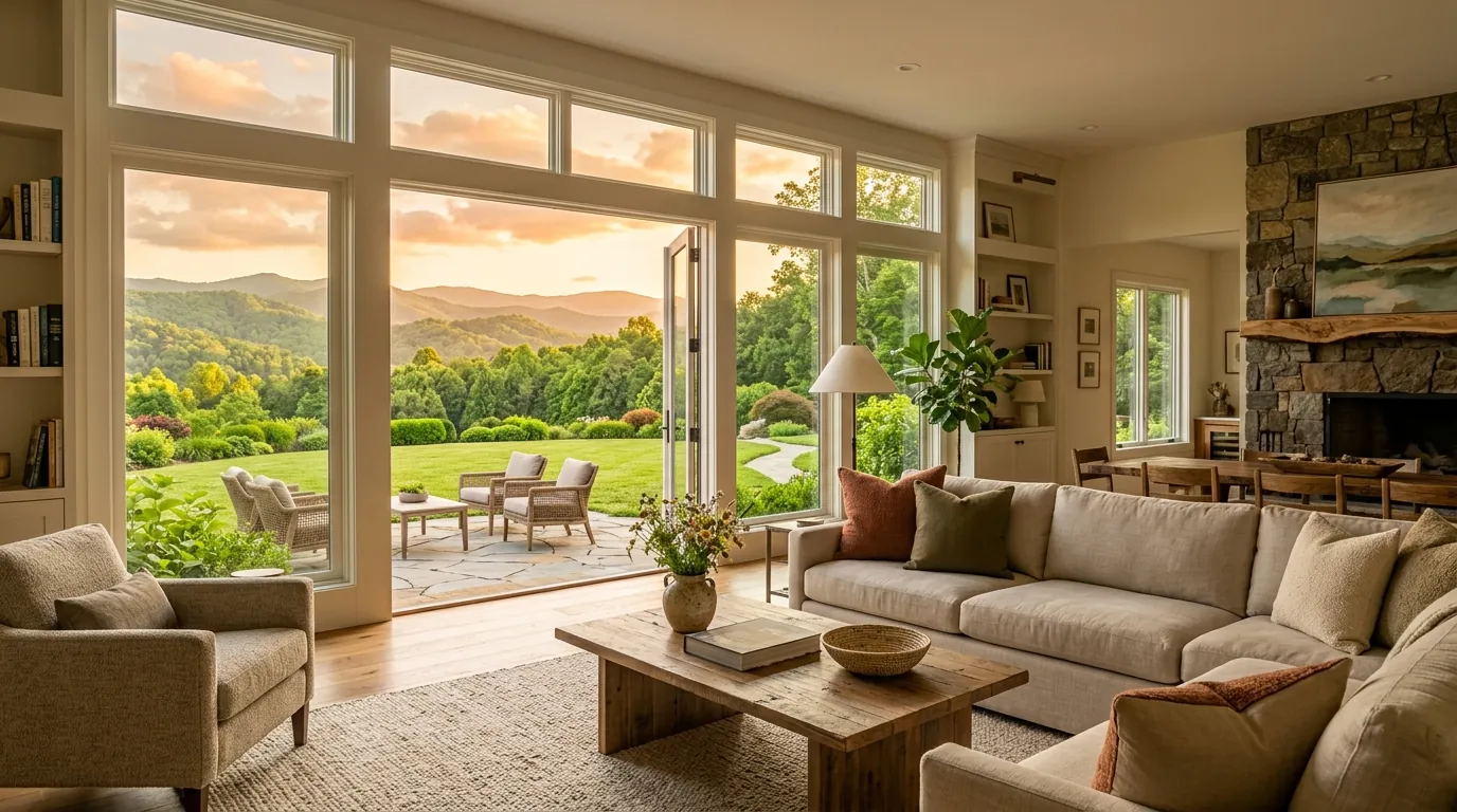 A sun-drenched, professionally staged living room with wide windows looking out onto a lush manicured lawn and rolling mountain scenery