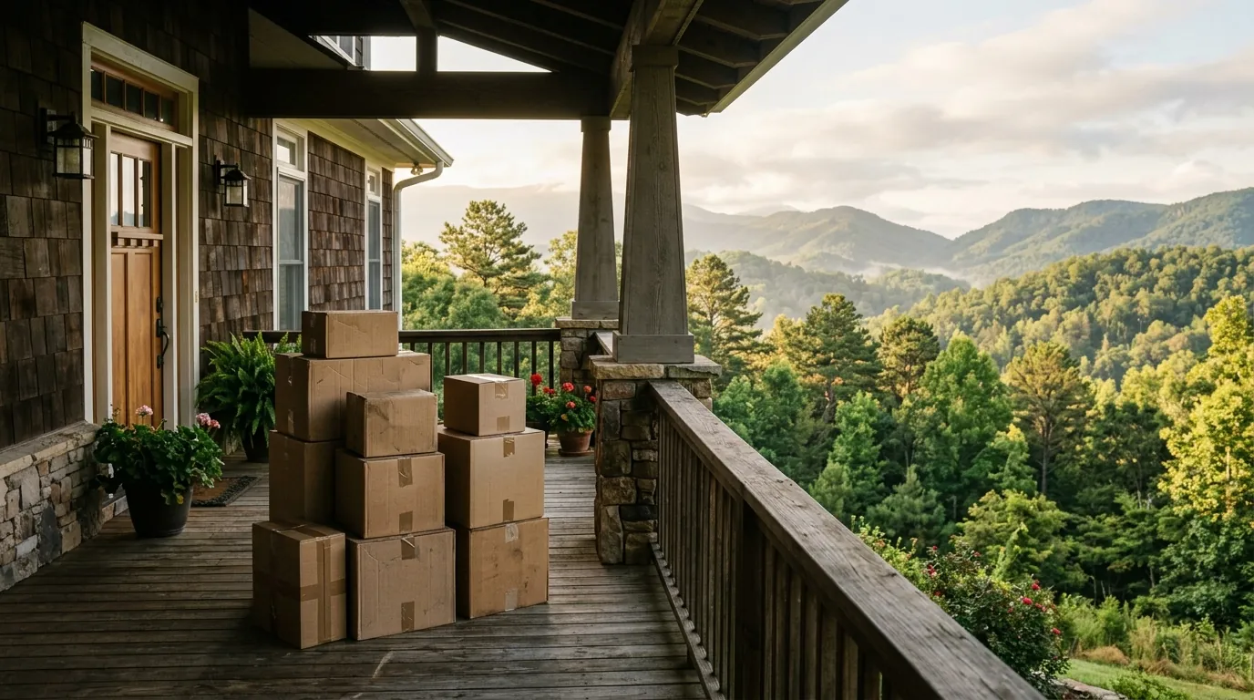 Stacked cardboard moving boxes sit on the wooden porch of a craftsman home, overlooking rolling, tree-covered mountain hills in morning light