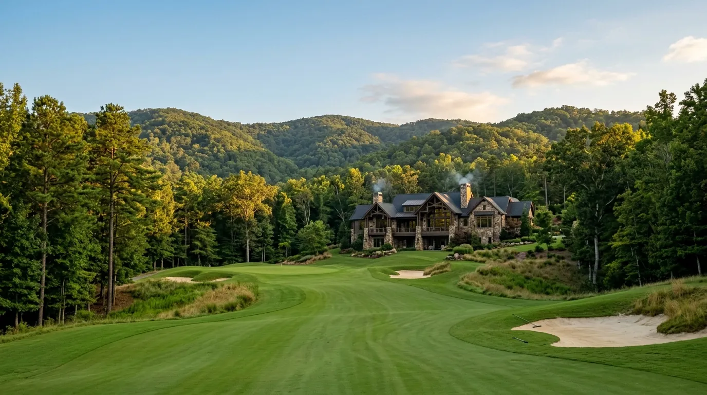 A manicured golf course fairway leading toward a luxurious stone-and-timber home nestled against tree-covered rolling hills under a clear blue sky
