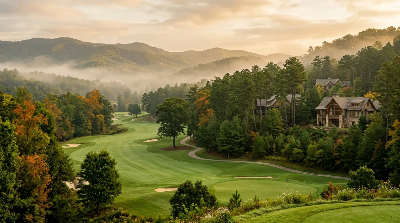 Pristine golf course fairways curving through misty mountain foliage, with luxurious Craftsman homes quietly visible among the pine trees