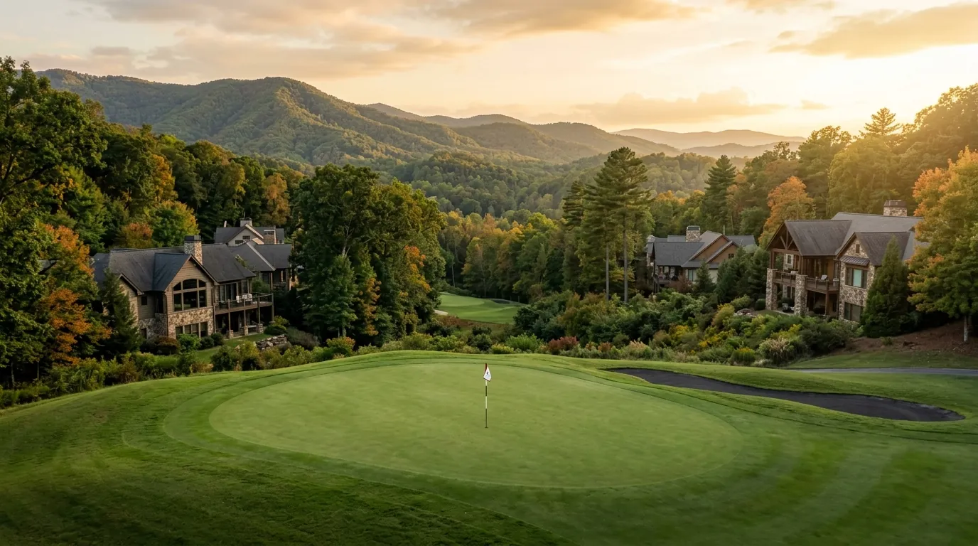 A pristine golf course green with a flagstick, framed by elegant residential homes nestled among rolling, tree-covered hills