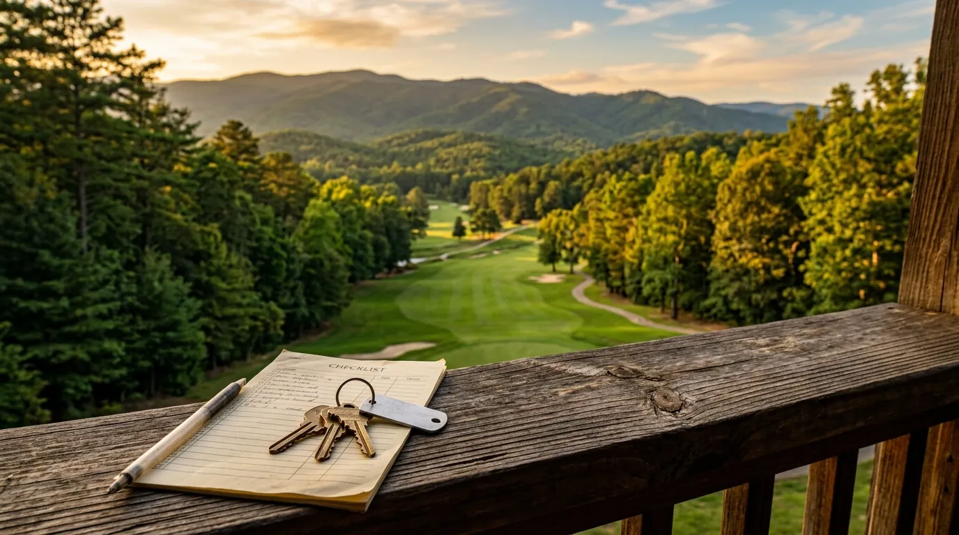 Brass house keys rest on a checklist on a wooden porch railing overlooking a lush golf fairway and distant, tree-covered hills
