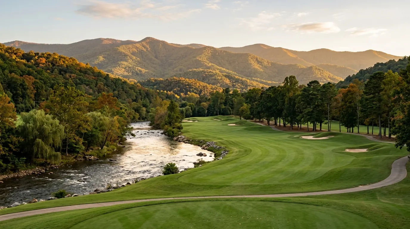 A manicured golf fairway hugging a flowing river, backed by serene, tree-covered mountain ridges in warm sunlight