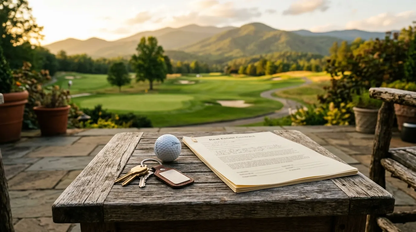House keys and a golf ball lie beside a real estate contract on a sunny patio table overlooking a lush golf course