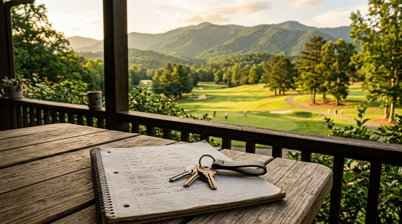 House keys rest on a handwritten checklist on a wooden porch table, overlooking a sunlit golf course fairway framed by distant green mountains