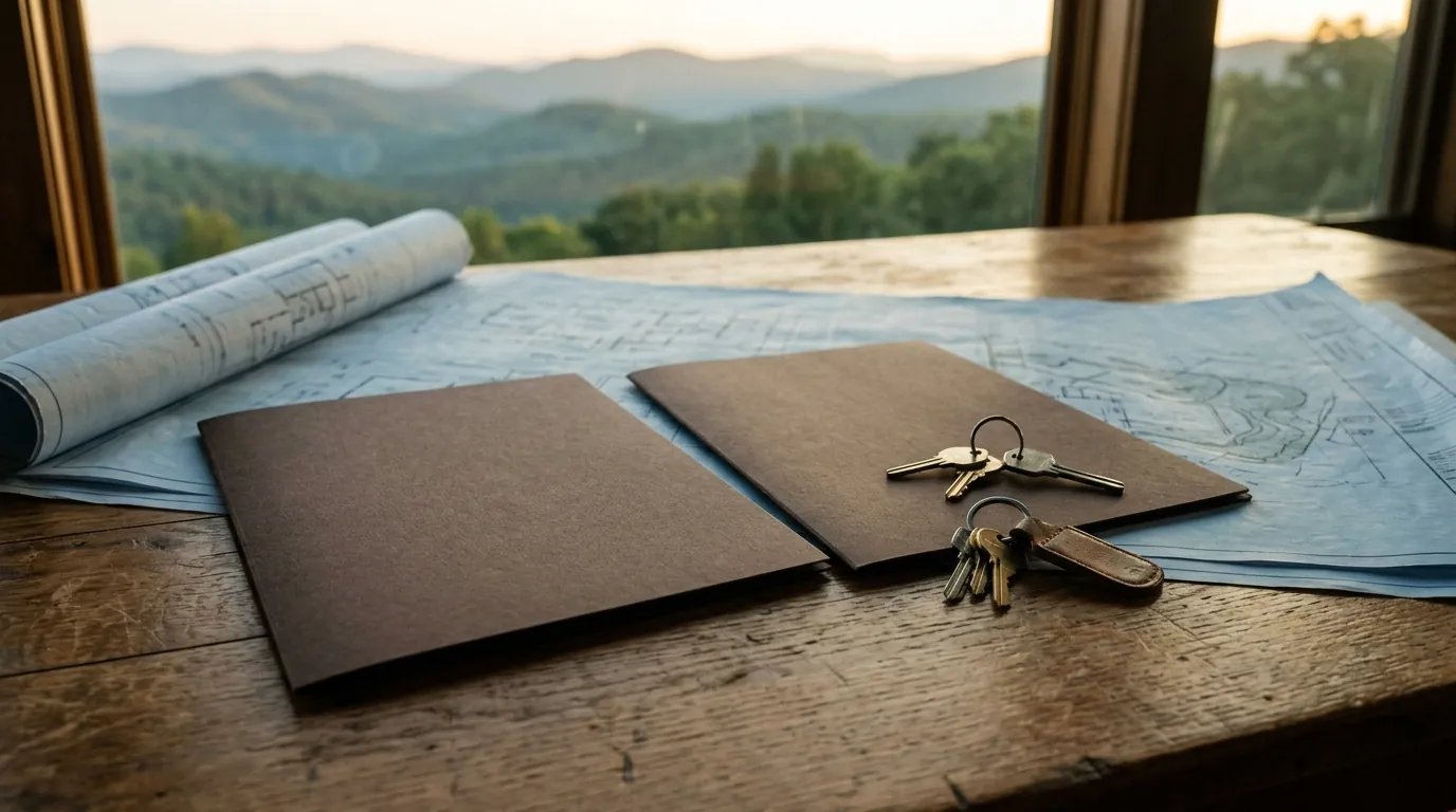Two blank presentation folders and two sets of house keys lie side-by-side on architectural blueprints atop a rustic wooden table
